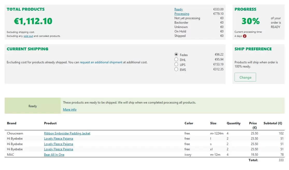 Screenshot of the Order Progress page